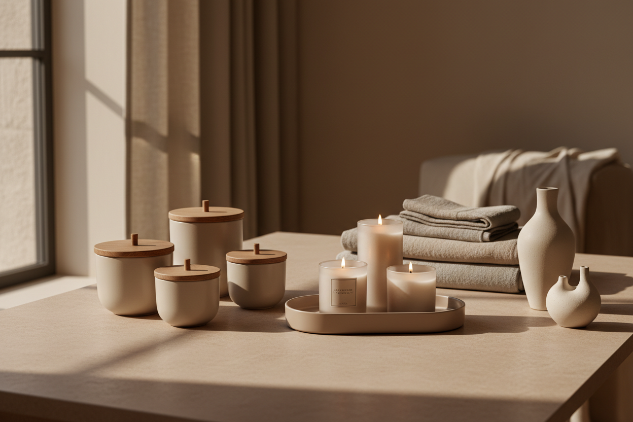 A high-end lifestyle photograph of modern home essentials arranged on a warm neutral surface.
Minimalist design with beige, taupe, and soft greige tones.
Include elegant everyday items like storage jars, trays, candles, towels, and ceramic accessories.
Soft natural lighting, shallow depth of field, clean background, luxury home brand aesthetic.
Scandinavian and European interior style, calm, refined, premium mood.
Ultra-realistic, high resolution, editorial photography style.