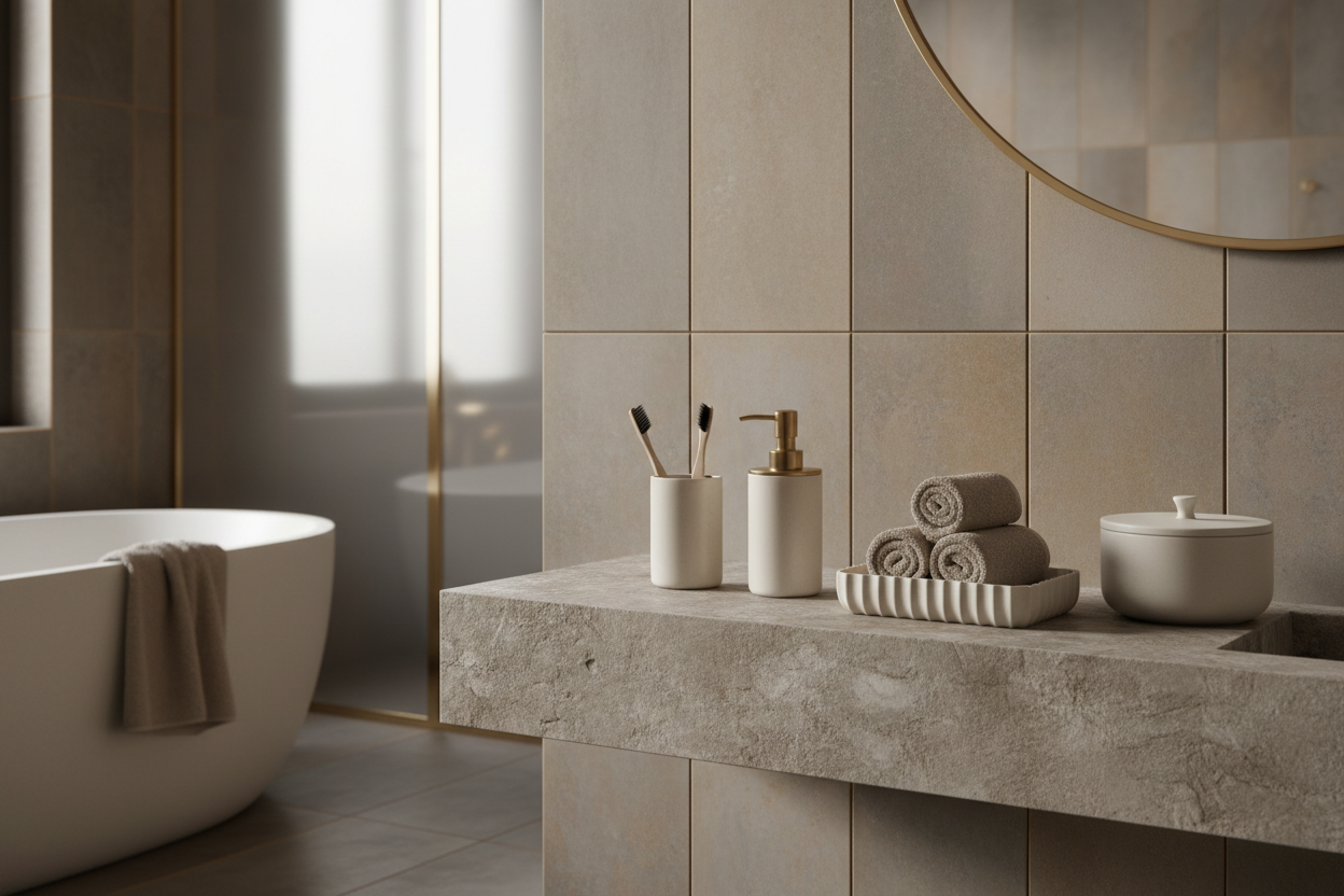 A luxurious bathroom setup with minimalist bathroom essentials including soap dispensers, toothbrush holders, rolled towels, trays, and ceramic containers.
Soft taupe and warm greige background with brushed brass accents.
Calm spa-like atmosphere, soft diffused lighting, premium aesthetic.
Modern European bathroom style, clean, elegant, and soothing.
Ultra-realistic photography, high resolution, editorial quality.